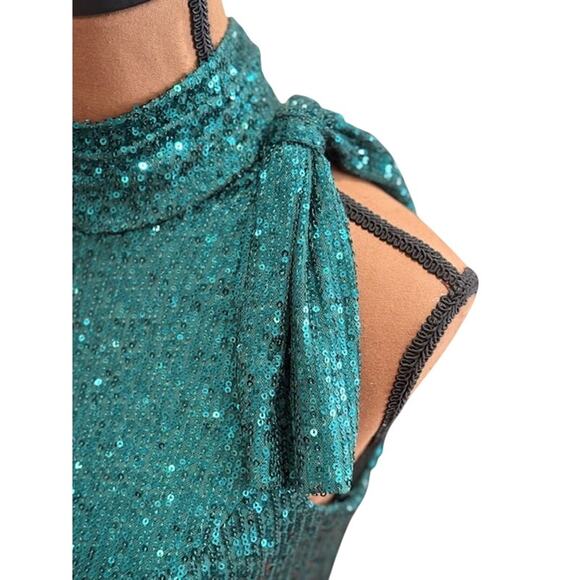 Mac Duggal Sequined Soft Tie Halter Neck Column Gown in Teal – NWT – SZ 2 - Picture 6 of 13